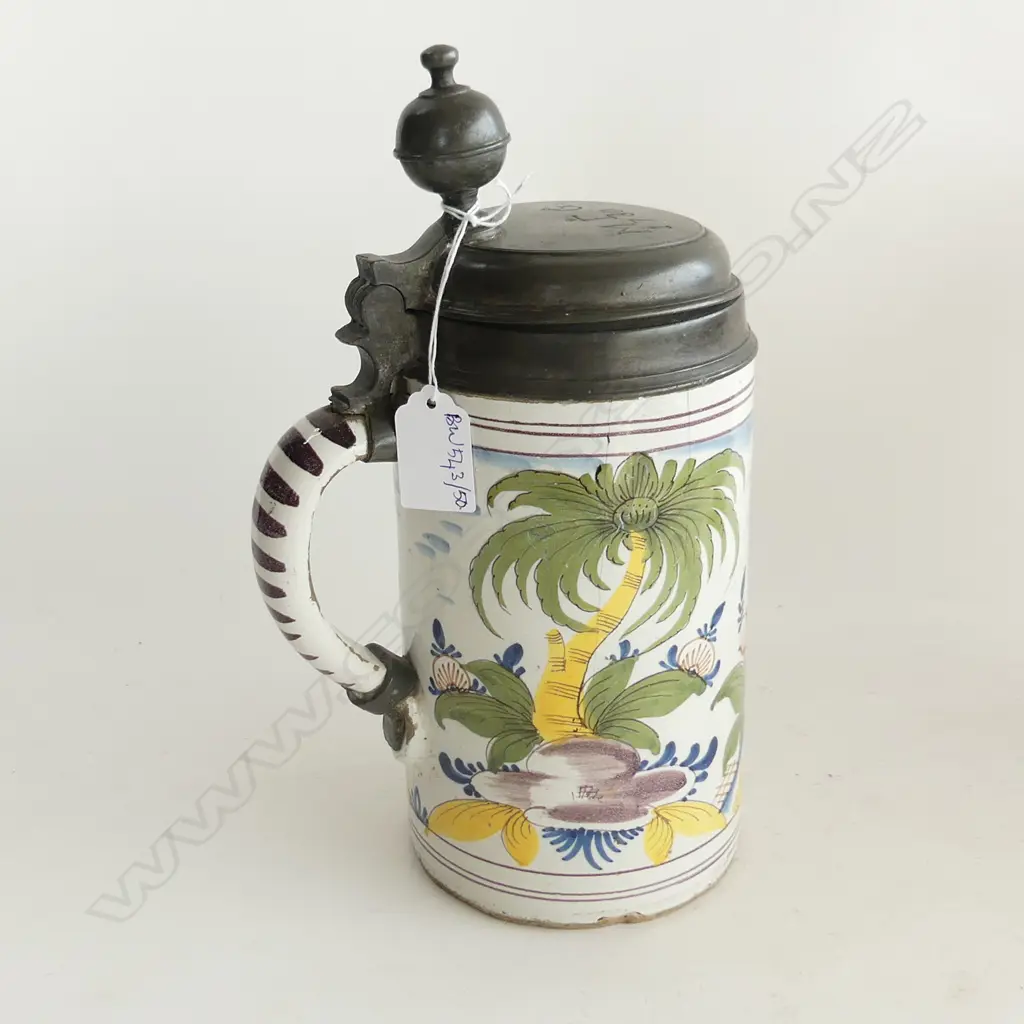 LATE 18thC CERAMIC TANKARD w. PEWTER LID ENSCRIBED 'M.F.G. 1780' H.270mm Image 1++
