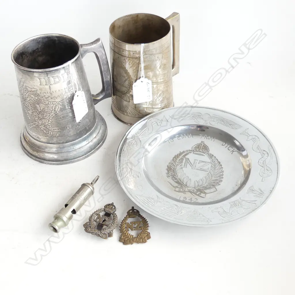 3 ENGRAVED S/PLATE MILITARY MEMORIAL ITEMS: 'NZ ONWARD' TANKARD ETC + 2 BADGES & WHISTLE Image 1++