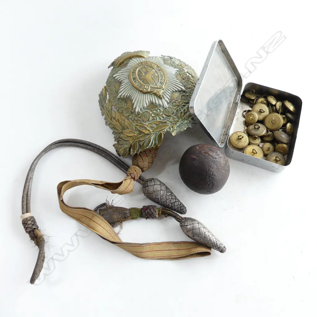 ANTIQUE MILITARY ITEMS: LRG BRASS HAT PLAQUE AF. 3 SWORD KNOTS. NZ BUTTONS + SMALL CANNONBALL Image 1++