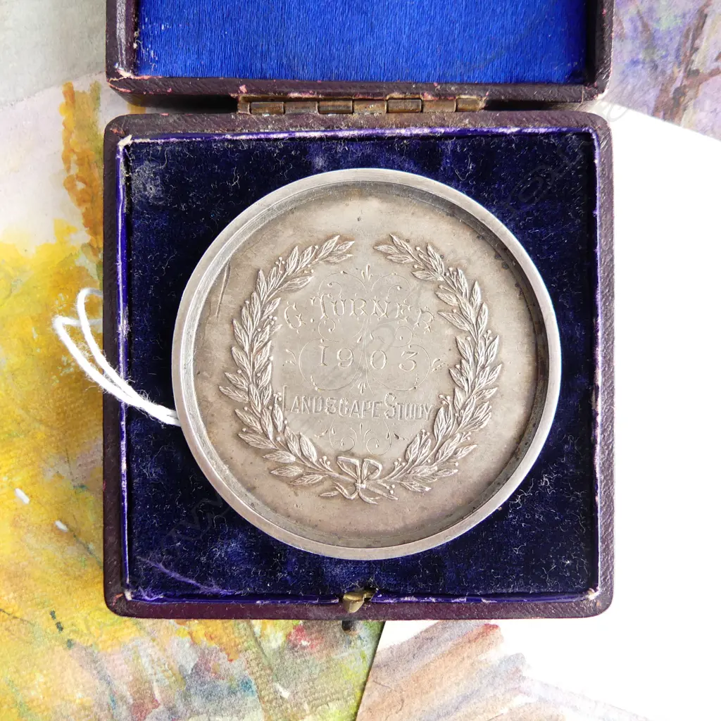 5 G. TURNER W/C ARTWORKS 185x230mm + STG OTAGO ART SOCIETY MEDAL 'G. TURNER 1903 LANDSCAPE STUDY' 52mm dia, CASED 67 GR  Image 1++