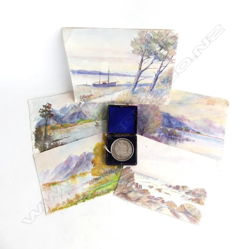 5 G. TURNER W/C ARTWORKS 185x230mm + STG OTAGO ART SOCIETY MEDAL 'G. TURNER 1903 LANDSCAPE STUDY' 52mm dia, CASED 67 GR  Image 1++