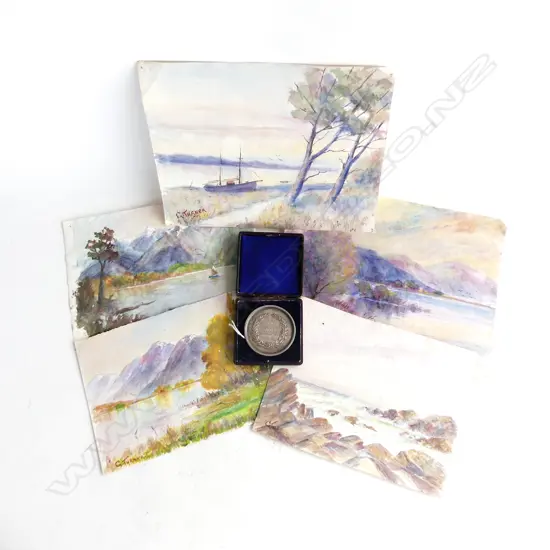 5 G. TURNER W/C ARTWORKS 185x230mm + STG OTAGO ART SOCIETY MEDAL 'G. TURNER 1903 LANDSCAPE STUDY' 52mm dia, CASED 67 GR 