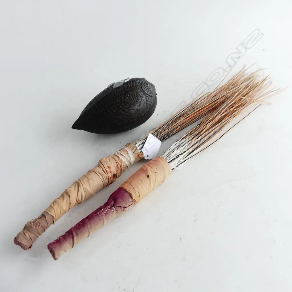 OLD FINELY CARVED COCONUT W 2 TIGERS + 2 FEATHER WANDS Image 1++