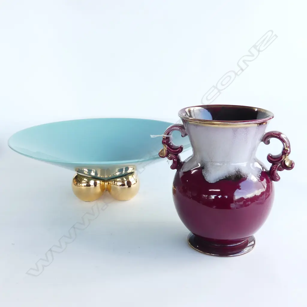 LGE TEAL BLUE FLARED BOWL W 3 GILT BALL FEET Dia.380mm+ RED VASE w gilt highlights  Image 1++