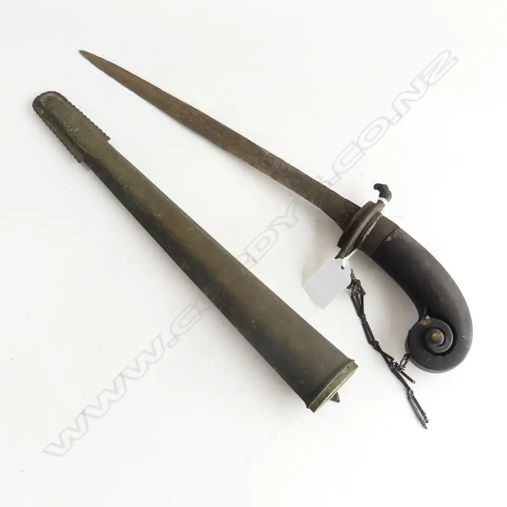 BURMESE SHORT SWORD IN SCABBARD SCROLL HANDLE L460MM Image 1++
