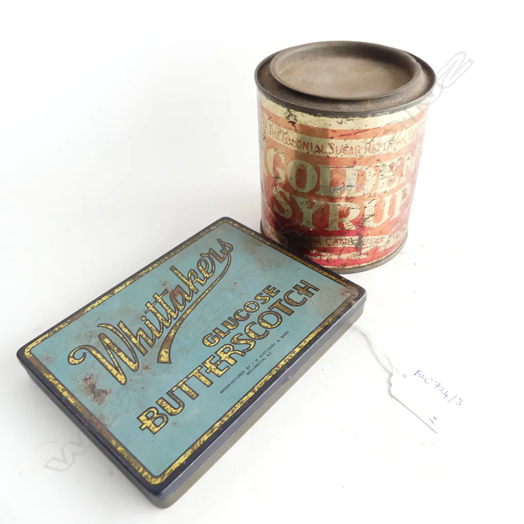 2 VINTAGE NZ DECORATIVE TINS - CHELSEA GOLDEN SYRUP H.110mm & WHITTAKERS BUTTERSCOTCH 110x145mm Image 1++