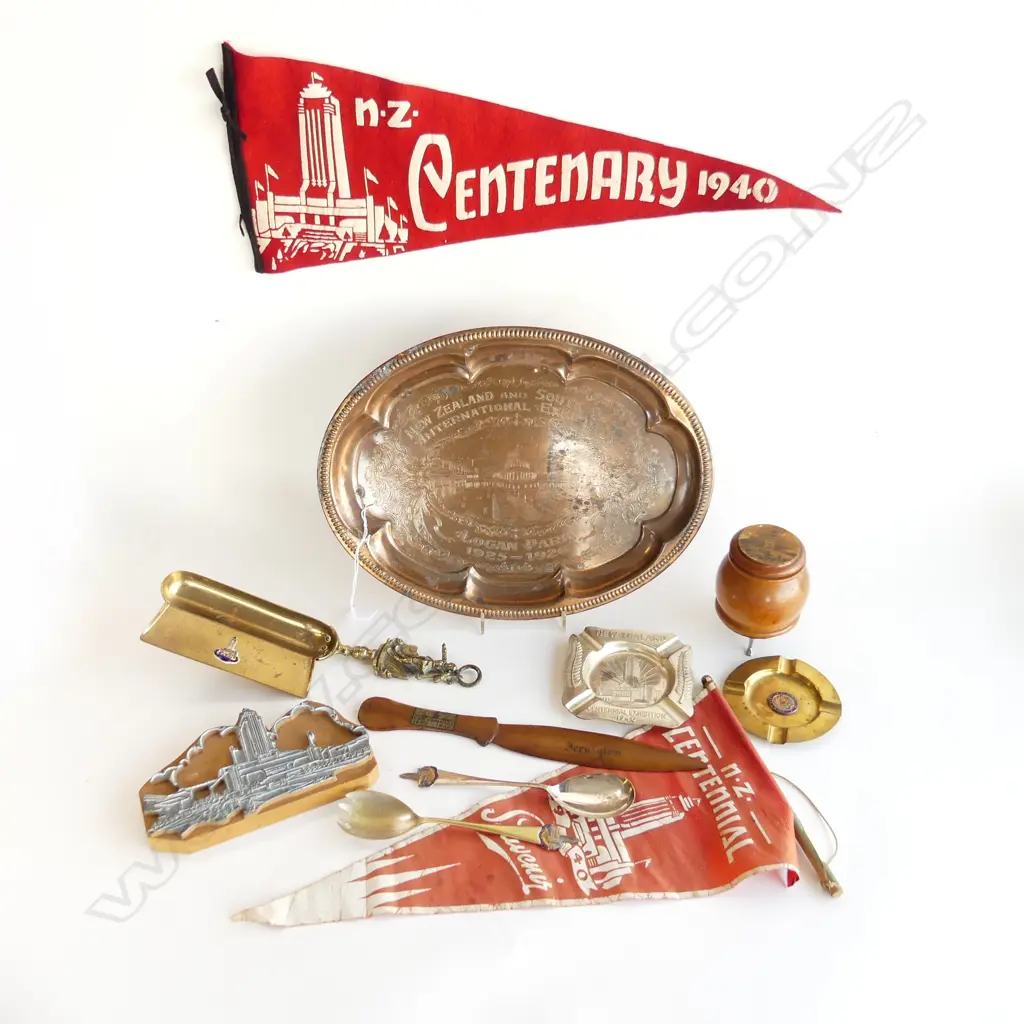 NZ CENTENNIAL EXHIBITION SILVER PLATE TRAY WITH COLLECTION OF EXHIBITION MEMORABILIA  Image 1++