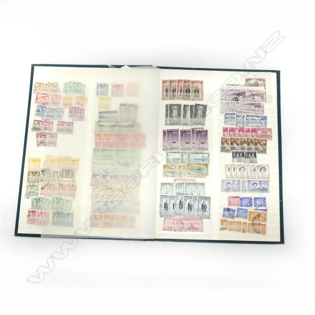 STOCK ALBUM OLD NZ STAMPS; 4 x full face queens + early pictorials + King Geo.V + QEII + decimal  etc Image 1++