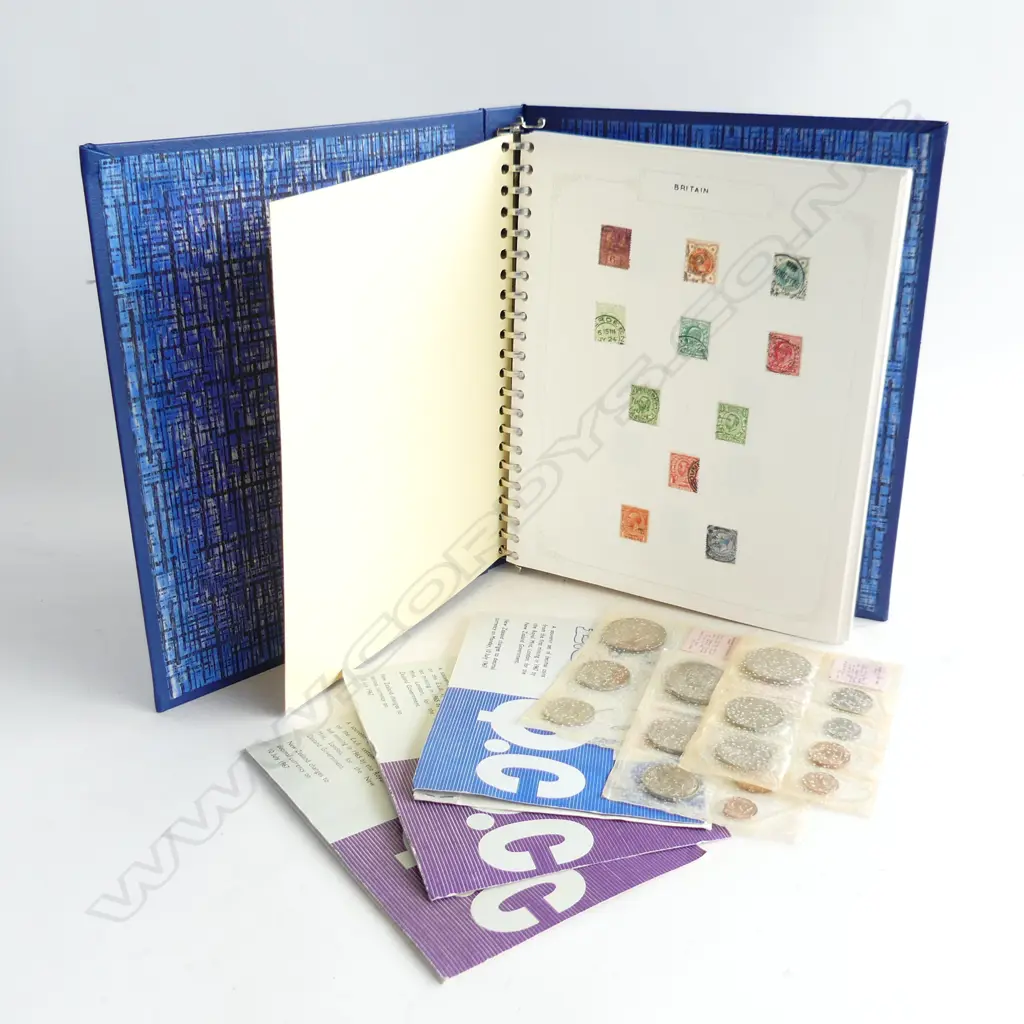 ALBUM OF BRITISH & CANADIAN STAMPS + 5 NZ COIN SETS Image 1++