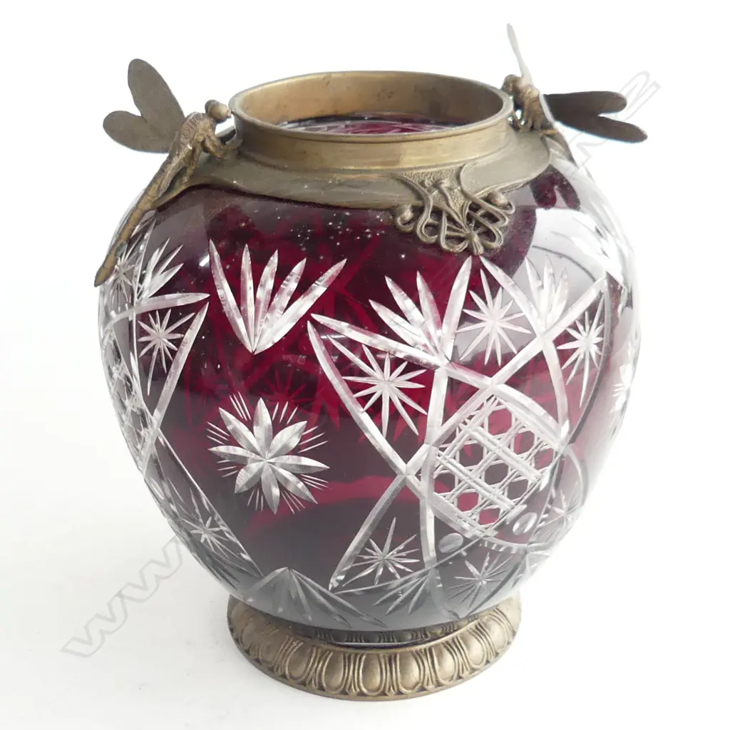 VENETIAN RED FLASHED CUT GLASS LGE VASE gilt metal mounts w dragonflies H.225mm Image 1++
