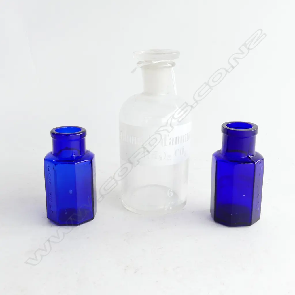 TWO BLUE GLASS STRYCHNINE BOTTLES & CARBONATE D'AMMON LAB BOTTLES  Image 1++