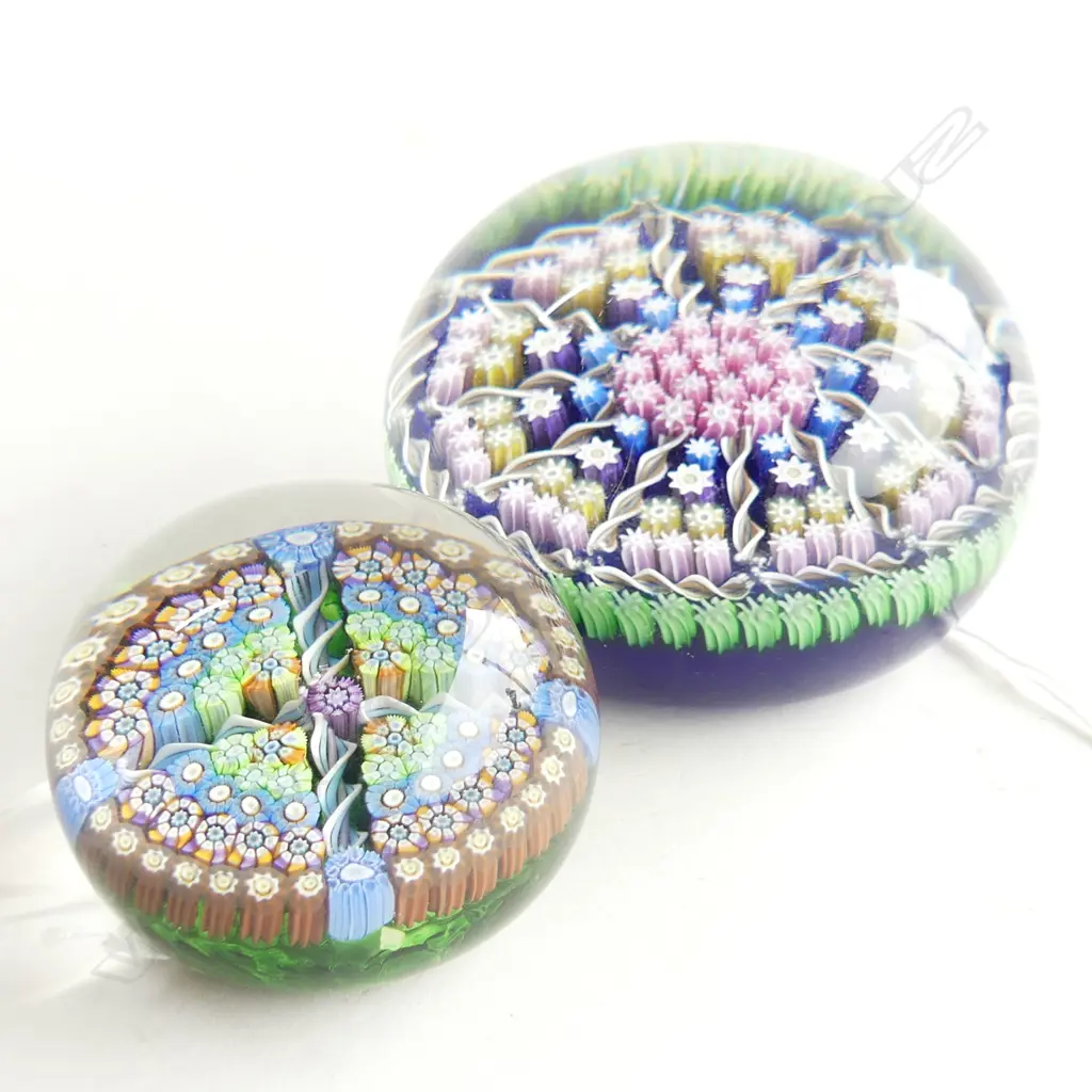 2 PERTHSHIRE CRYSTAL ART GLASS PAPERWEIGHTS w.  RADIAL TWIST & MILLEFIORI DESIGN 75 / 50mm dia   Image 1++