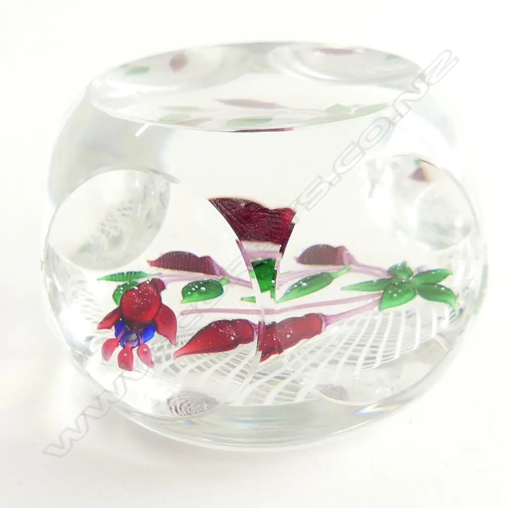 FRENCH ST. LOUIS ART GLASS FACETED PAPERWEIGHT w. RED FLOWERS ON SWIRLING LATTICINIO 'SL1976' 80mm dia Image 1++