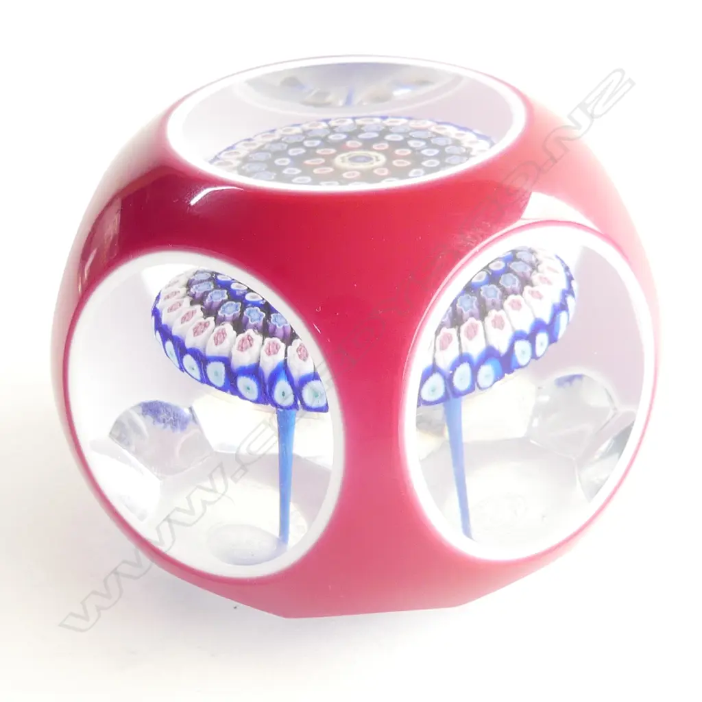 BACCARAT FACETED MILLEFIORI GLASS PAPERWEIGHT - RED OVERLAY - STAMPED & DATED 1973 75mm dia Image 1++