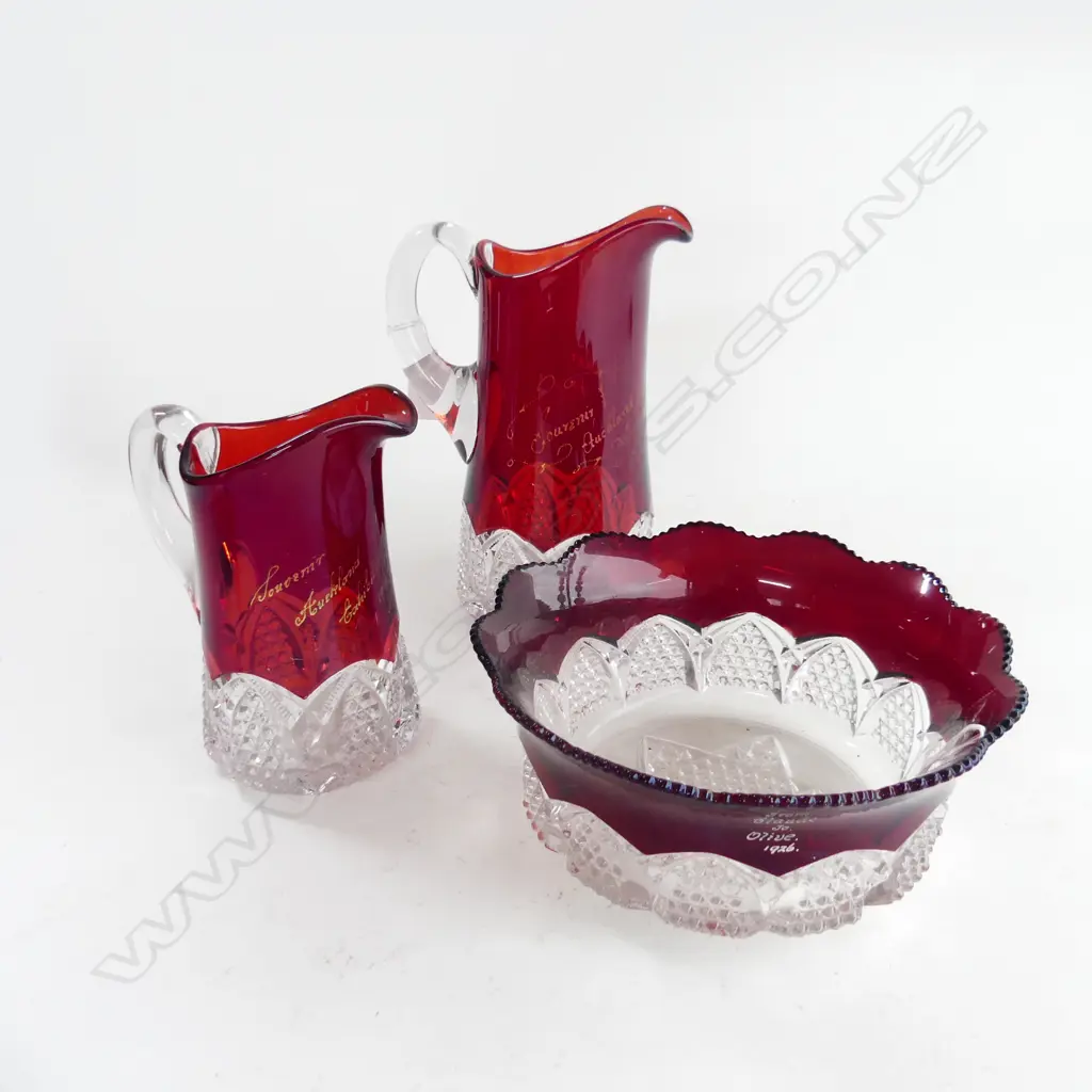 2 LG CRANBERRY & CLEAR GLASS JUGS (H. 210, 165MM)& 1 LG BOWL (DIA 205MM)- ENGRAVED C1913 - 1926 Image 1++