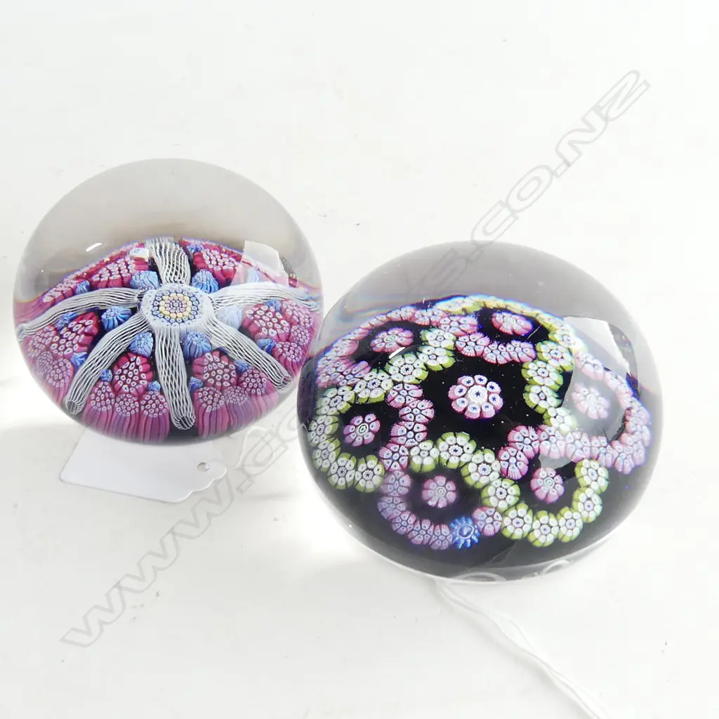 2 WHITEFRIARS CRYSTAL MILLEFIORI ART GLASS PAPERWEIGHTS w. MONK CANE 1972 / 1975 80mm dia Image 1++