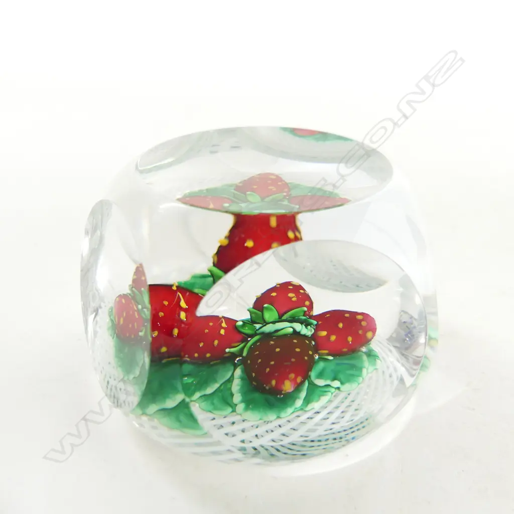 FRENCH ST. LOUIS ART GLASS FACETED PAPERWEIGHT w. 4 STRAWBERRIES ON SWIRLING LATTICINIO 'SL1982' 80mm dia Image 1++