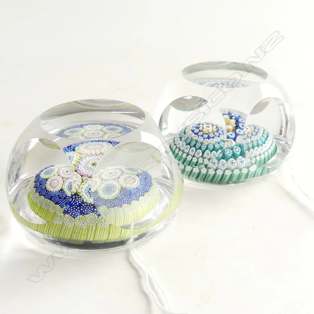 2 WHITEFRIARS FACETED CRYSTAL MILLEFIORI ART GLASS PAPERWEIGHTS w. MONK CANE 1972/ 1976 75mm dia  Image 1++