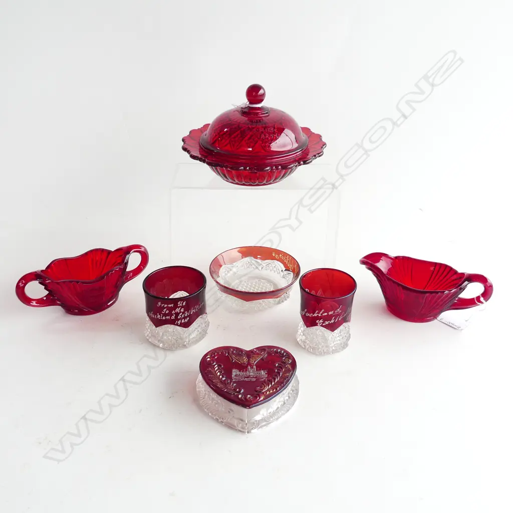 7 PCS VINTAGE CRANBERRY GLASS ENGRAVED WITH CENTENNIAL EXHIBITION ETC.. EARLY 1900'S Image 1++
