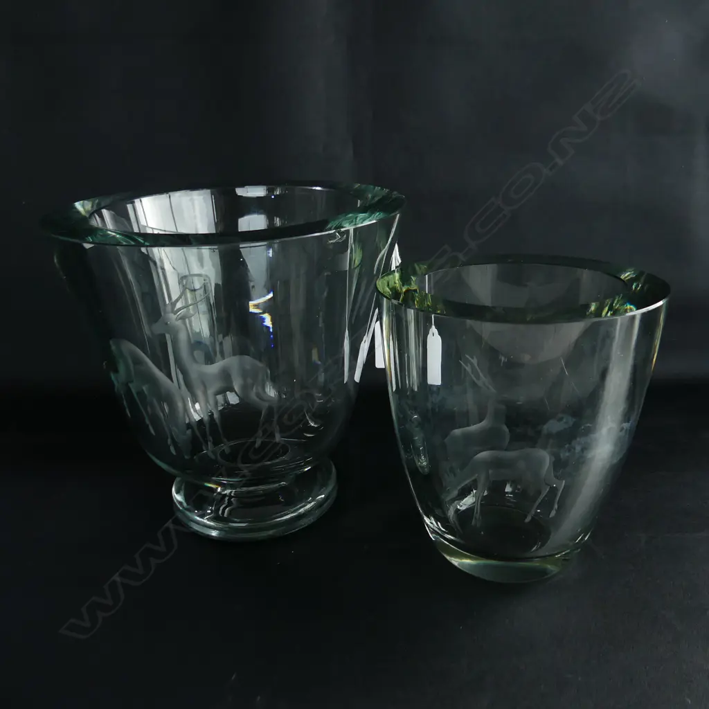 2 ORREFORS (UNMARKED) ETCHED DEER VASES (LARGER w. RIM CHIP) H.180 / 140mm Image 1++