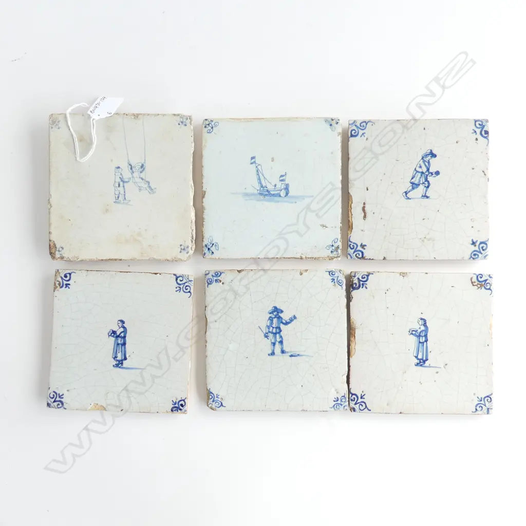 6 ANTIQUE DUTCH DELFT TILES B & W. SWING. BOWLING ETC 130 x 130mm Image 1++