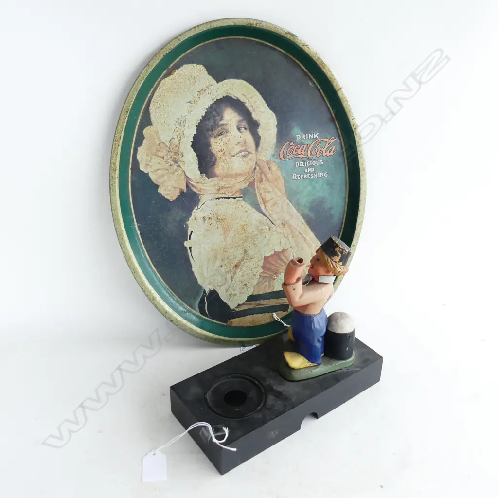VINTAGE HEINEKEN ADVERTISING SIGN, H205mm & VINTAGE COCA COLA OVAL TRAY 405 X 315MM Image 1++