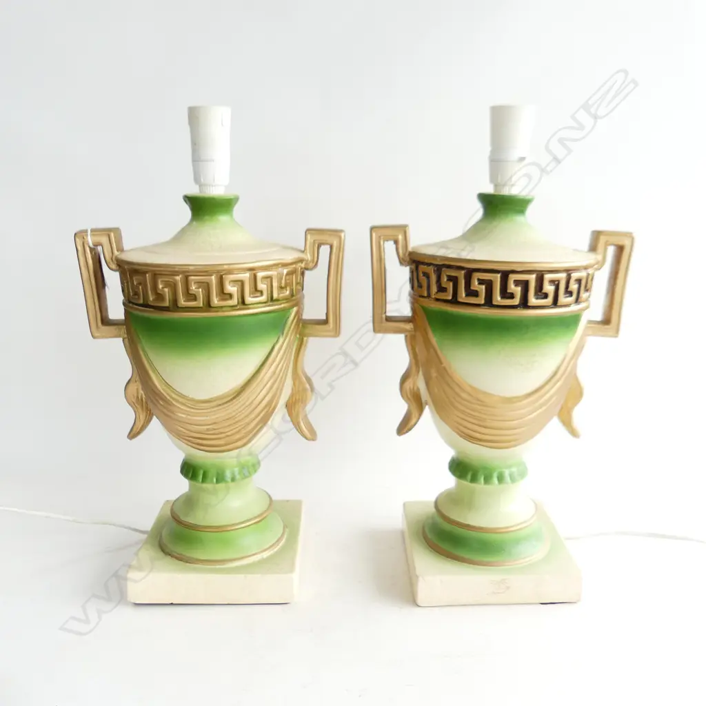 PR LG GREEN & GOLD PAINTED GRECIAN STYLE CERAMIC TABLE LAMP BASES H. 470 Image 1++