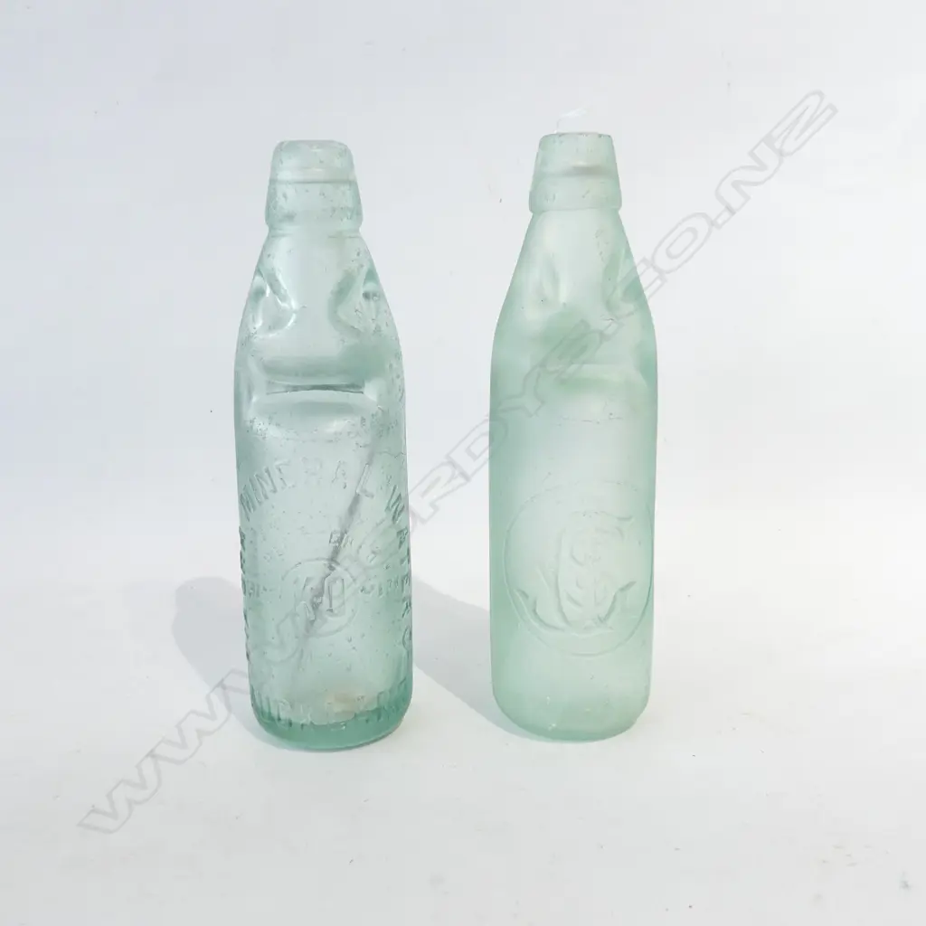 2 ANTIQUE CODD BOTTLES; KIAORA MINERAL WATER Co. & J. GREY & SONS H.230mm Image 1++