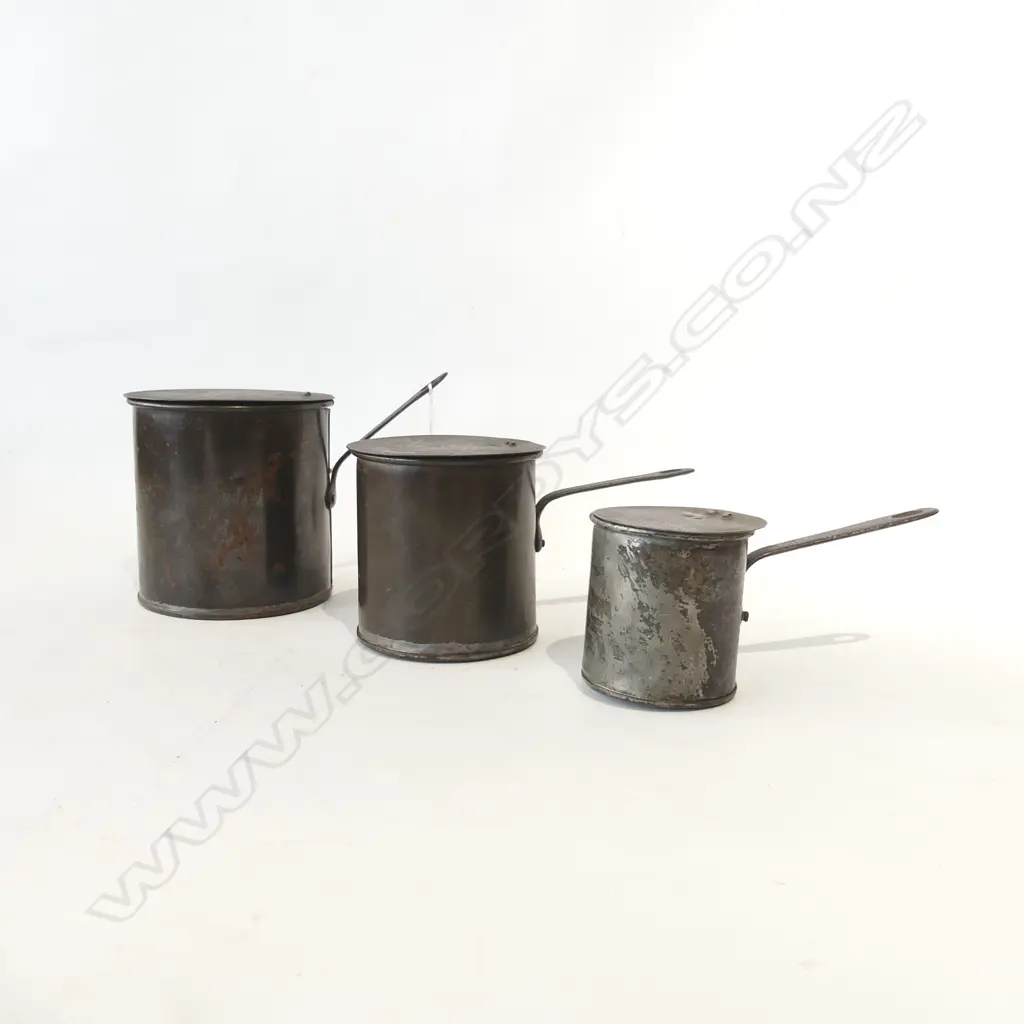 SET 3 GRADUATED FRENCH METAL LIDDED POTS WITH HANDLES H. 140 120, 90MM Image 1++