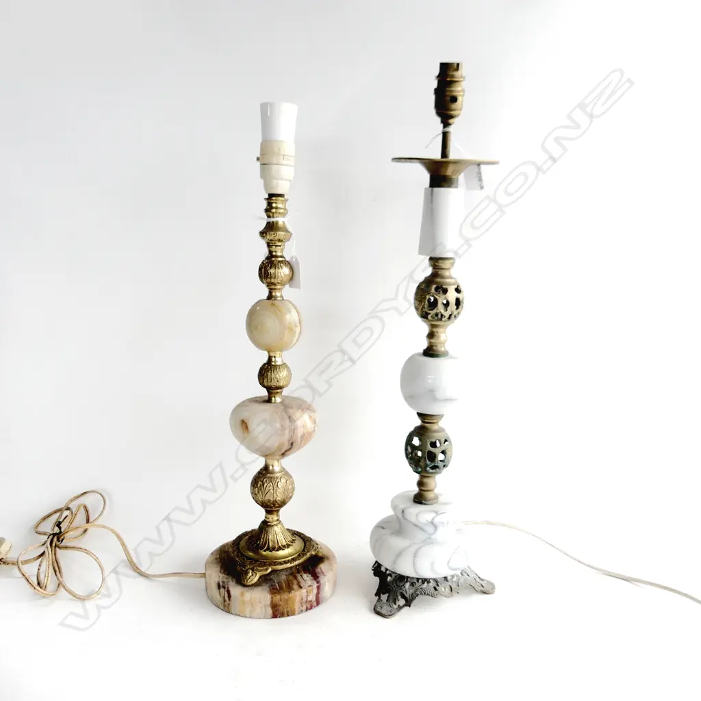 2 BRASS & MARBLE TABLE LAMP BASES, ONE GREY, ONE RED H. 535, 610MM Image 1++