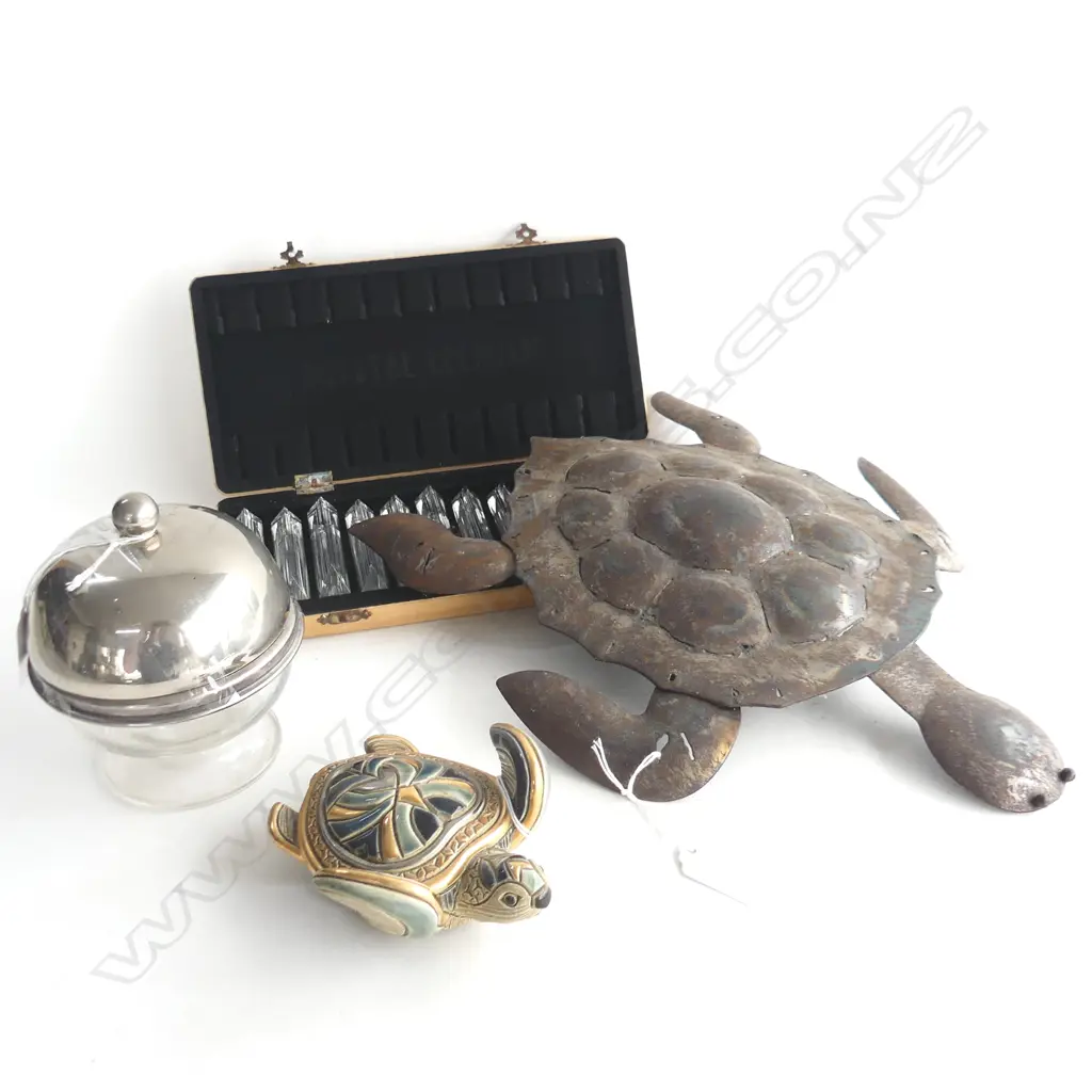4 ITEMS. 2 TURTLES, ONE METAL . BOXED CRYSTAL KNIFE RESTS & SILVER PLATED CANDLEABRA Image 1++