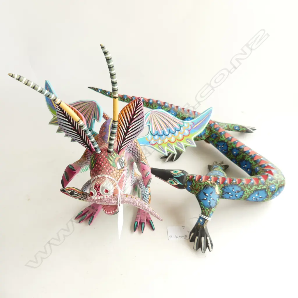 2 MEXICAN ALEBRIJIE DREAM CREATURES carved wood brightly painted H.300mm tallest Image 1++