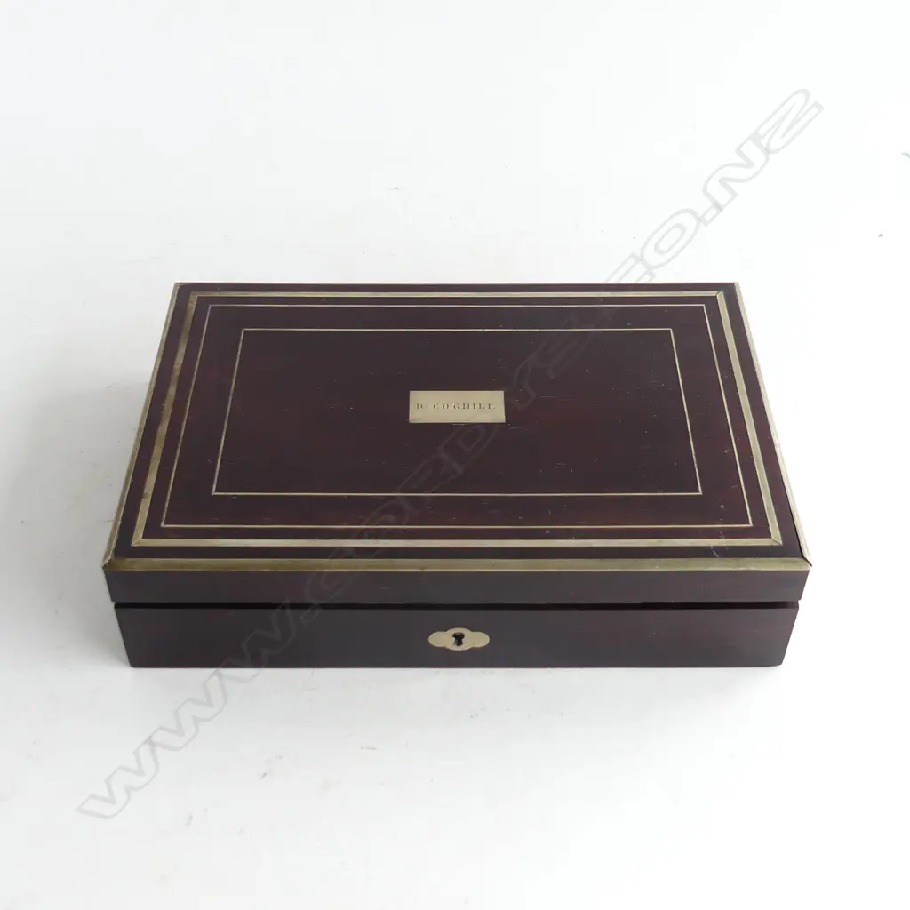 VICTORIAN BRASS INLAID ROSEWOOD BOX WITH REMOVABLE TRAY L. 252MM Image 1++