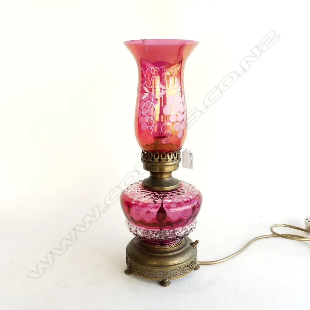 ANTIQUE CRANBERRY GLASS ELECTRIFIED KERO LANTERN H.400mm (CHIMNEY BROKEN) Image 1++