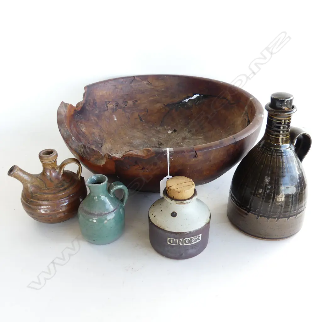 LEN CASTLE 'GINGER' JAR + P STICHBURY JUG + E LISSAMAN JUG + Don Thornley jug all in lge wood bowl Image 1++