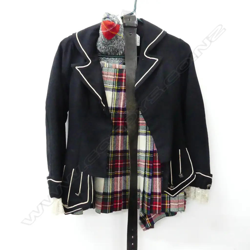 VINTAGE KILT WITH BLACK JACKET, PR ARGYLE SOCKS & LEATHER TOOLED BELT WITH BULL BUCKLE Image 1++