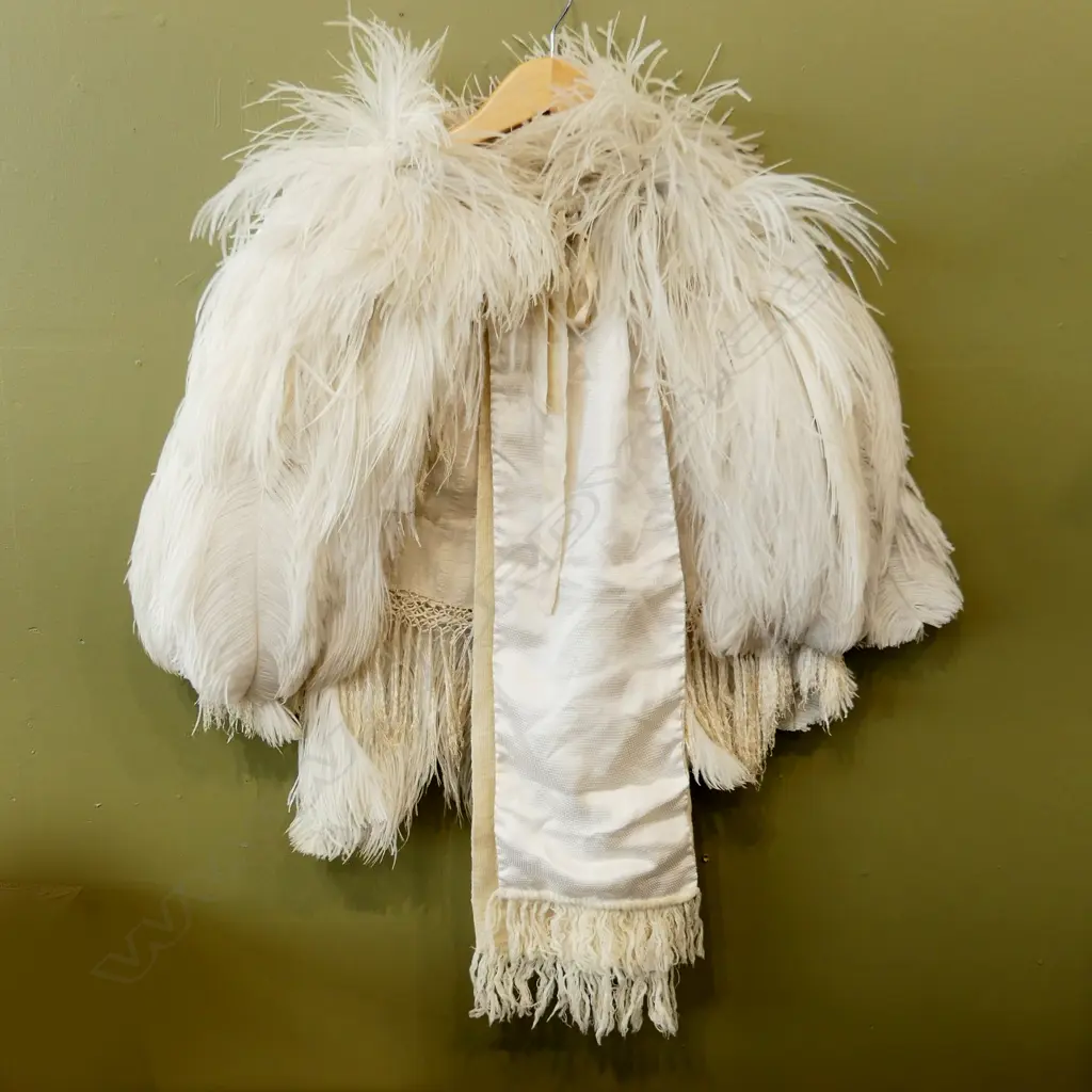 VINTAGE SILK & OSTRICH FEATHER WRAP + SILK & WOOL MEN'S OPERA SCARF Image 1++