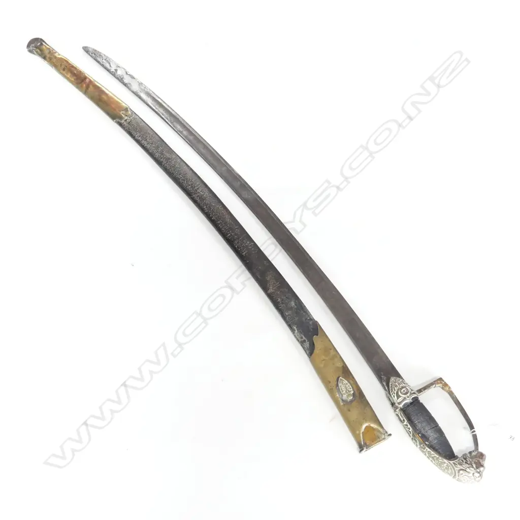 19thC SABRE SWORD LION'S HEAD POMMEL. Shield rain guard w horn. repair to guard. ... Image 1++
