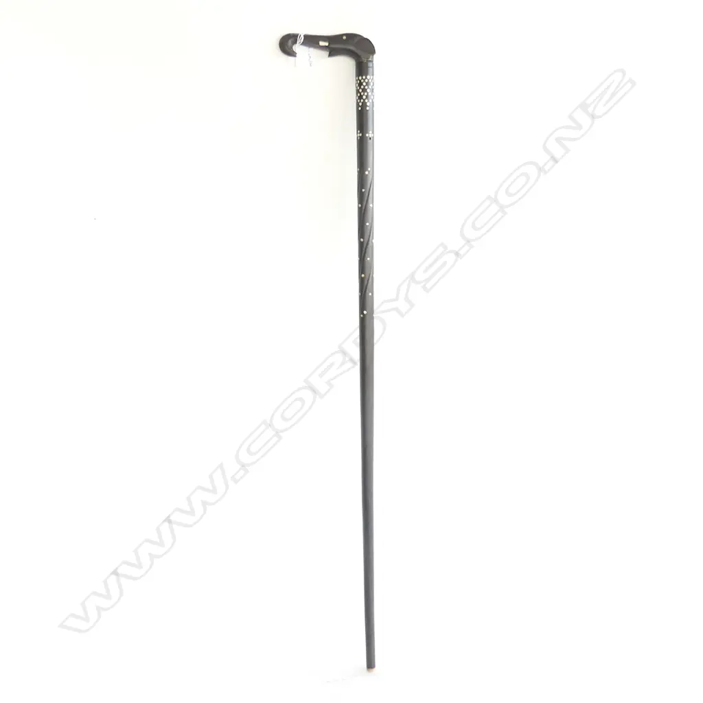 EBONY WALKING STICK w. ELEPHANT HEAD HANDLE & BONE INLAY H.910mm Image 1++