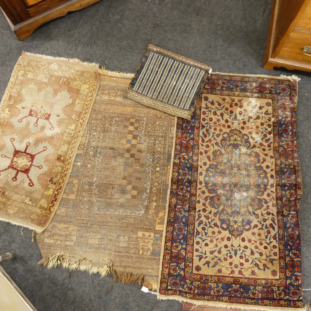 3 VINTAGE PERSIAN RUGS & SALT BAG WORN, 1 RUG DAMAGED. LARGEST 750 X 1300MM Image 1++