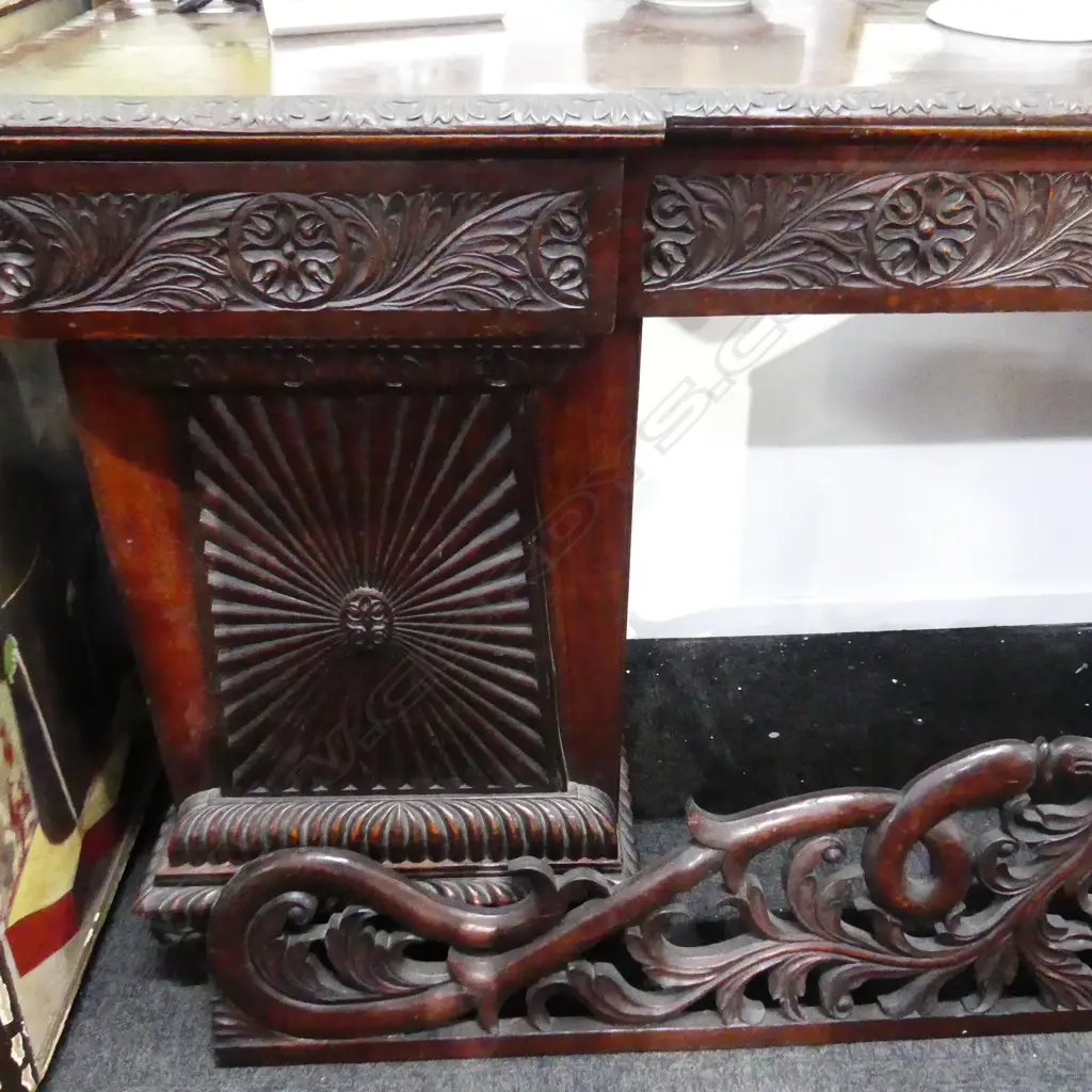 19thC REGENCY INDIAN ROSEWOOD CARVED TWIN PEDESTAL SIDEBOARD, RADIATING DOOR PANELS 1850x605x945mm ON CASTORS Image 1++