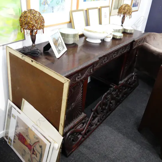 19thC REGENCY INDIAN ROSEWOOD CARVED TWIN PEDESTAL SIDEBOARD, RADIATING DOOR PANELS 1850x605x945mm ON CASTORS