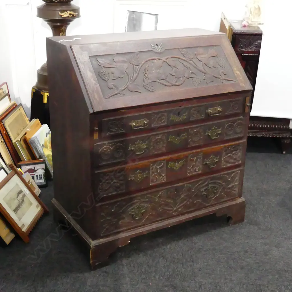 VICTORIAN OAK CARVED FALL FRONT BUREAU Image 1++