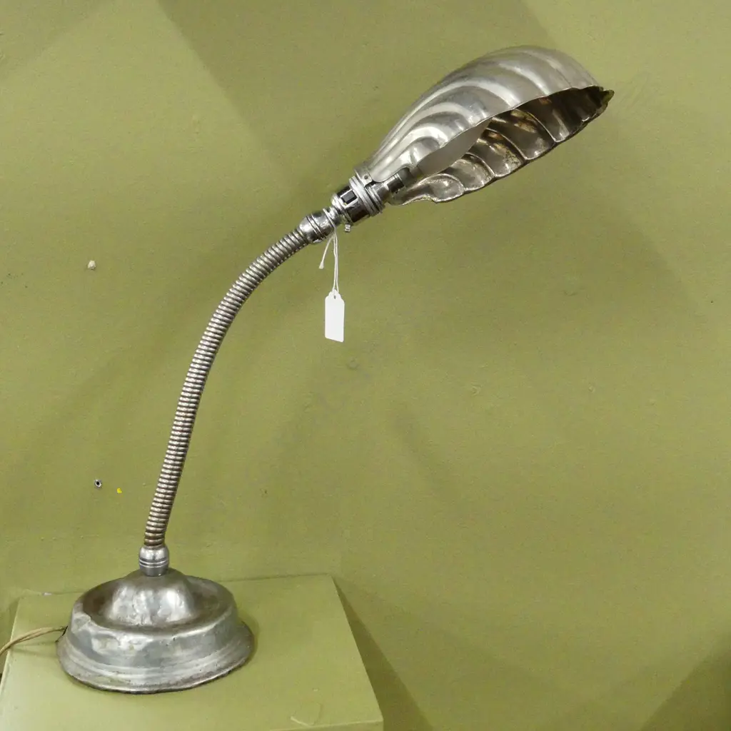 VINTAGE SILVER METAL GOOSENECK LAMP w. SHELL SHADE Image 1++