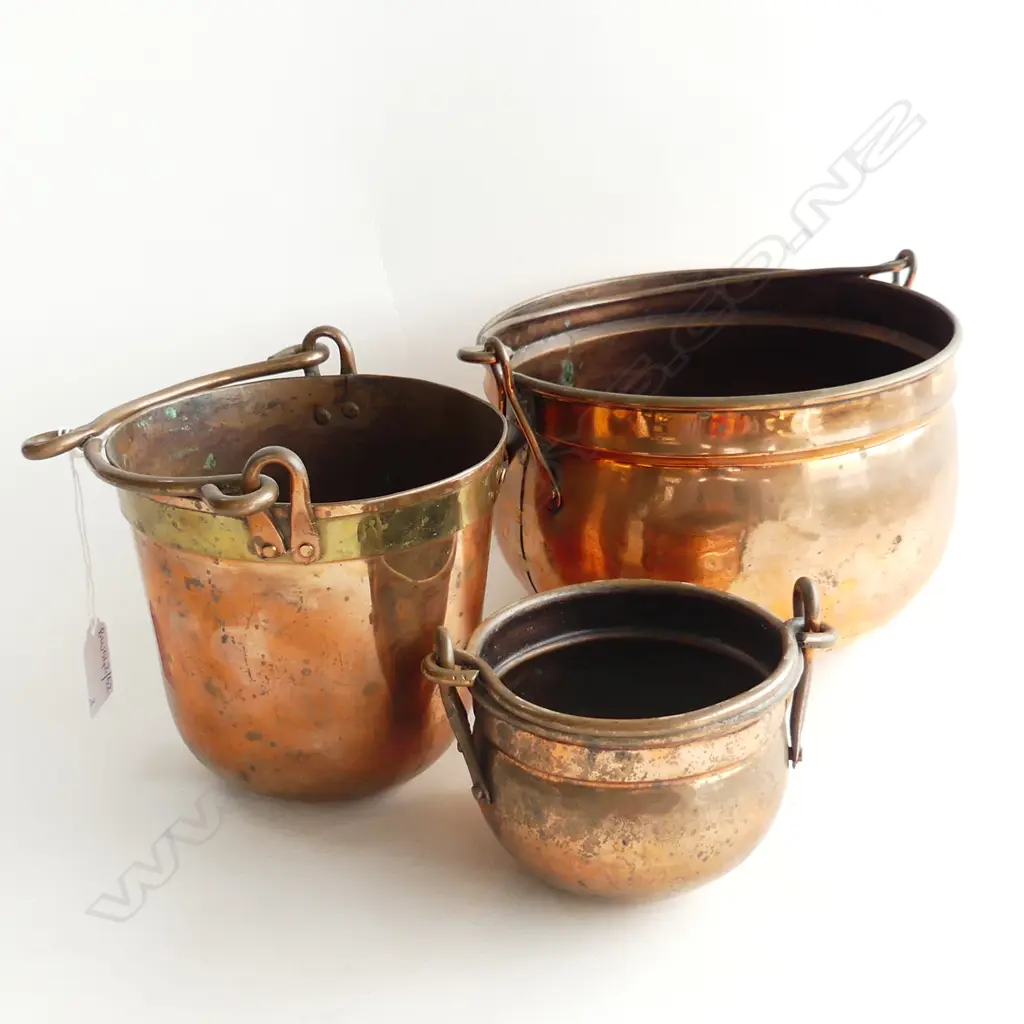 3 VINTAGE COPPER BUCKETS H.95, 140, 155mm Image 1++