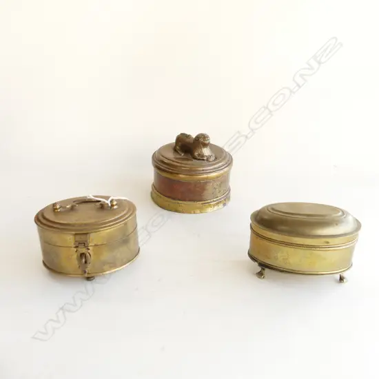 3 VINTAGE BRASS / COPPER LIDDED CONTAINERS; 2 OVAL, 1 w. LION 150mm dia