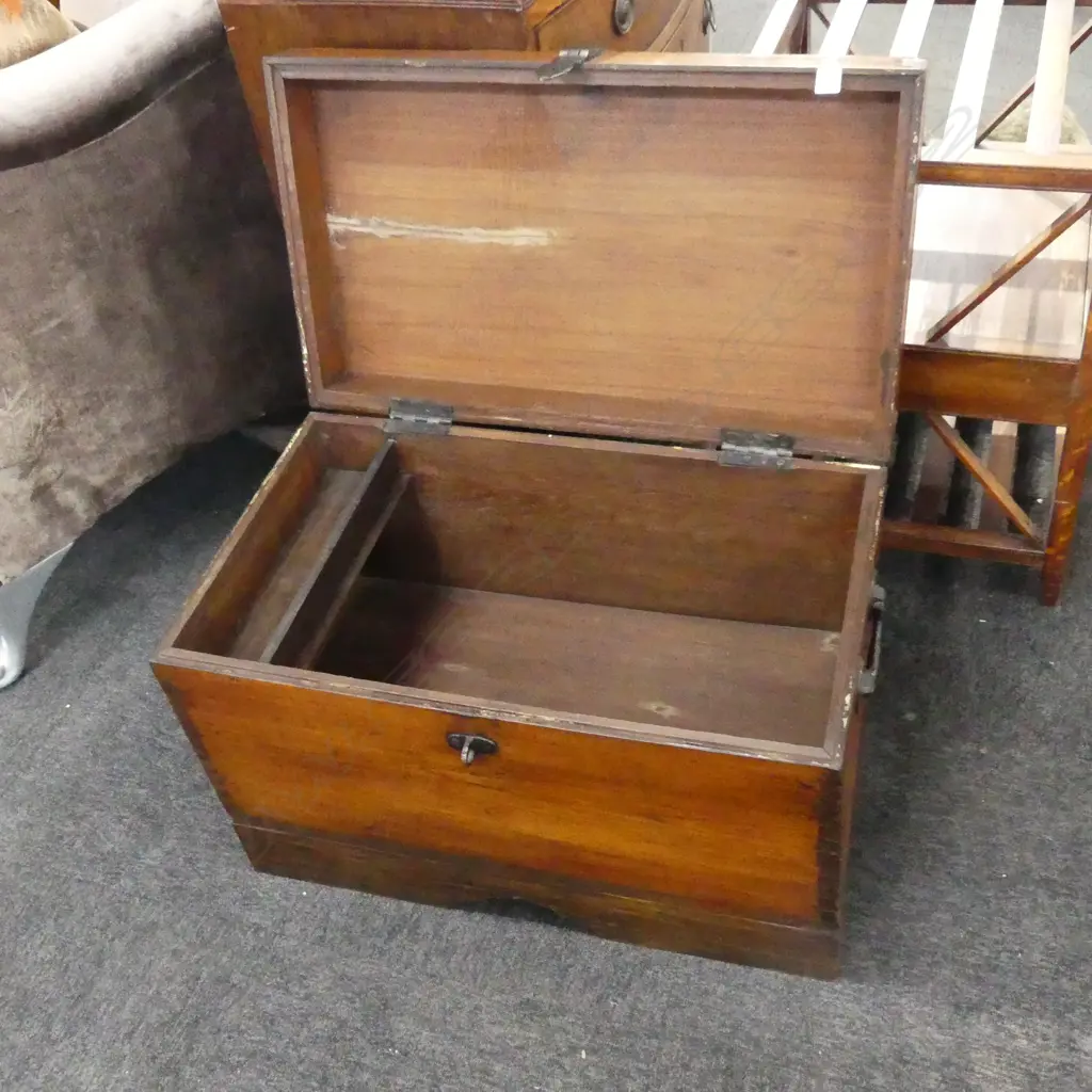QUALITY EARLY 20thC MAHOGANY HINGED LID TRUNK superb brass side handles Image 1++