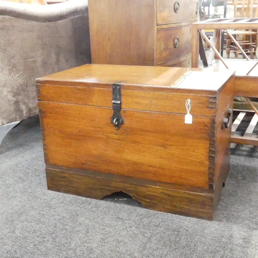 QUALITY EARLY 20thC MAHOGANY HINGED LID TRUNK superb brass side handles Image 1++