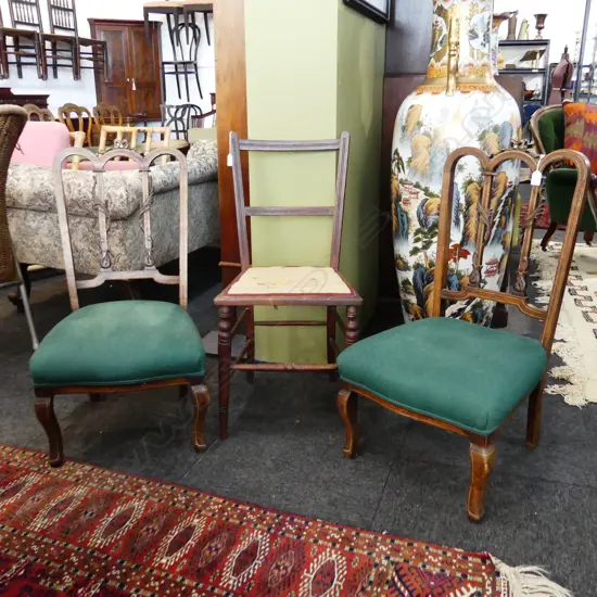 PR EARLY 20thC LOW SIDE CHAIRS + EDWARDIAN CHAIR w. NEEDLEPOINT SEAT