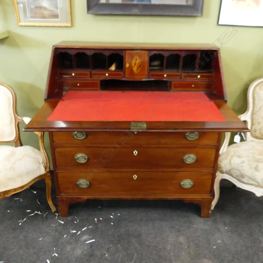GEORGE III MAHOGANY FALL FRONT BUREAU. H.1100 x 1101mM. FITTED  INTERIOR, MINOR FAULTS Image 1++